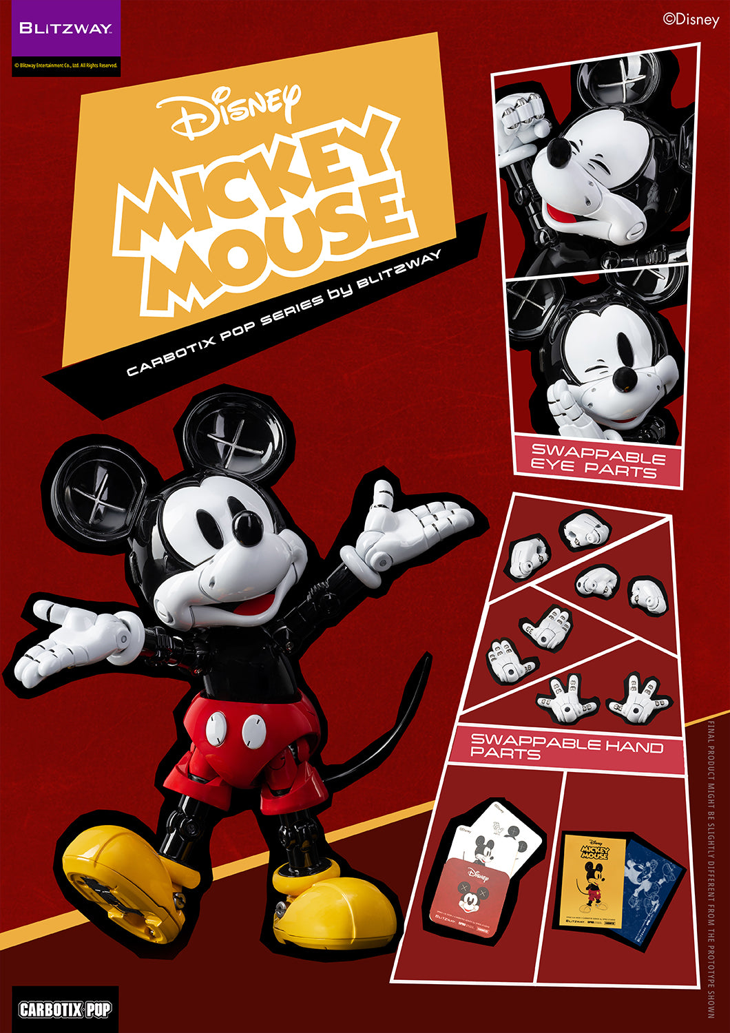Blitzway Carbotix Pup Disney Mickey Mouse action figure accessories overview showing swappable eye parts, interchangeable hand parts in multiple poses, and included collector cards on a red background