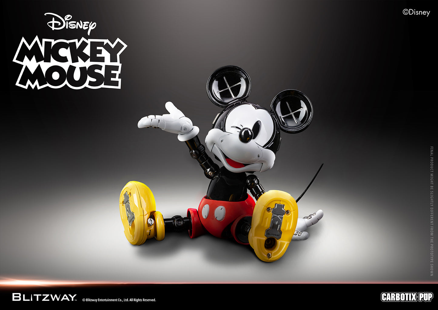Blitzway Carbotix Pup Disney Mickey Mouse articulated action figure in a sitting pose with one hand raised, showing detailed joint mechanics on yellow shoes and black body
