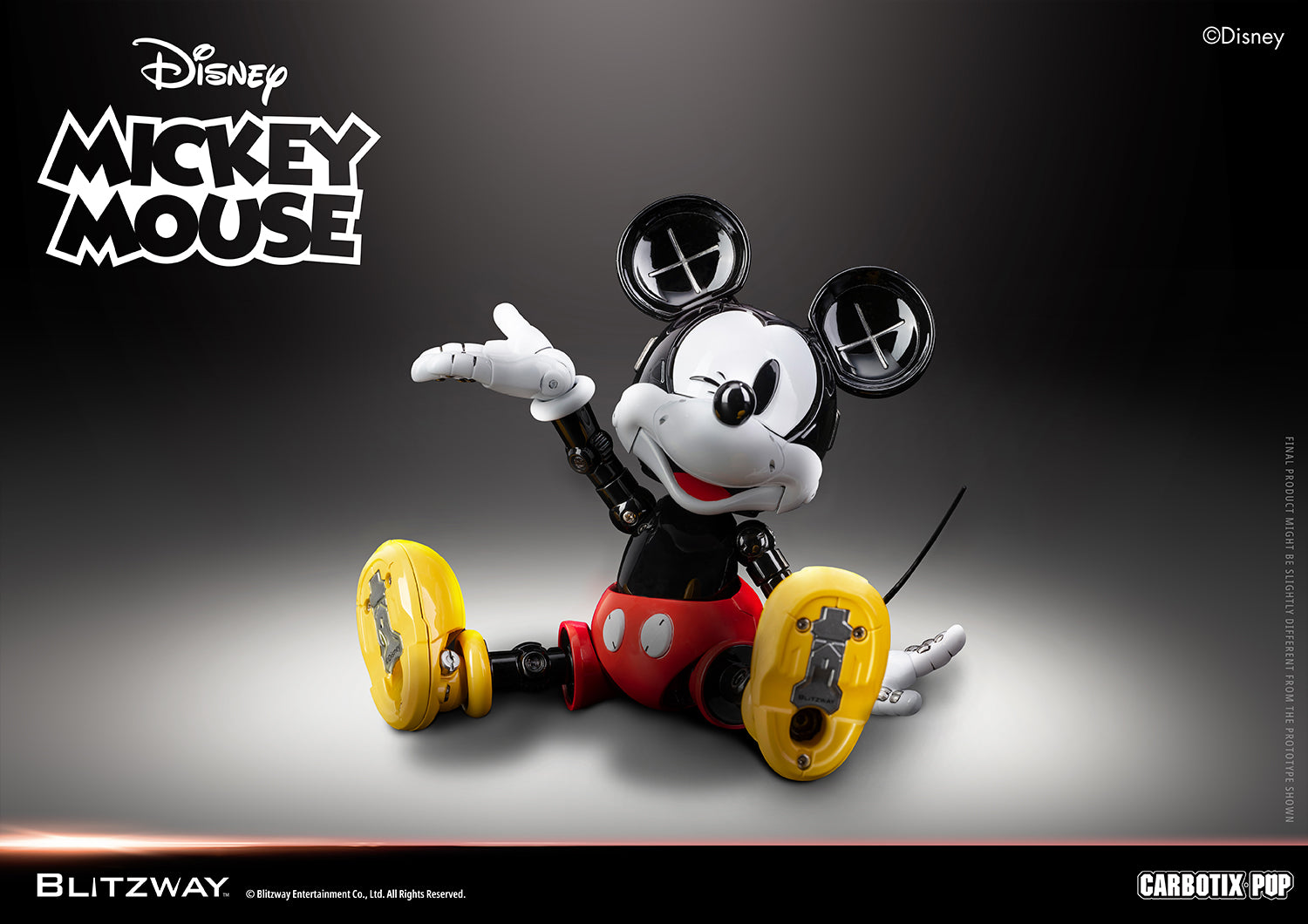 Blitzway Carbotix Pup Disney Mickey Mouse articulated action figure in a sitting pose with one hand raised, showing detailed joint mechanics on yellow shoes and black body