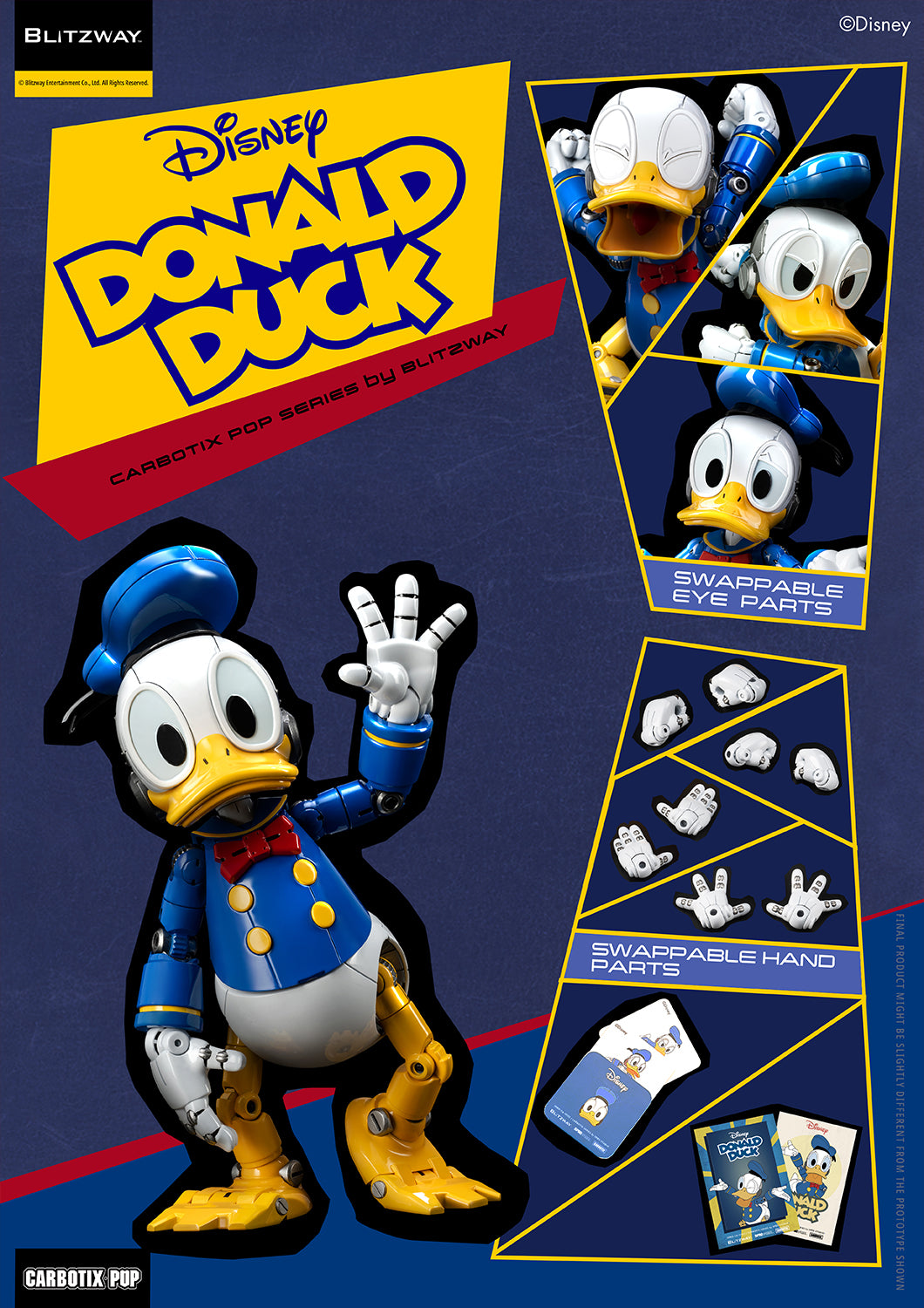 Blitzway Carbotix Pup Disney Donald Duck action figure accessories overview showing swappable eye parts, interchangeable hand parts in multiple poses, and included collector cards on a dark blue background