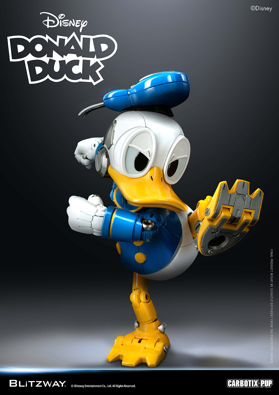 Blitzway Carbotix Pup Disney Donald Duck articulated action figure in an angry tantrum pose with fists raised, showcasing detailed joint mechanics on blue sailor jacket and yellow feet against a dark background