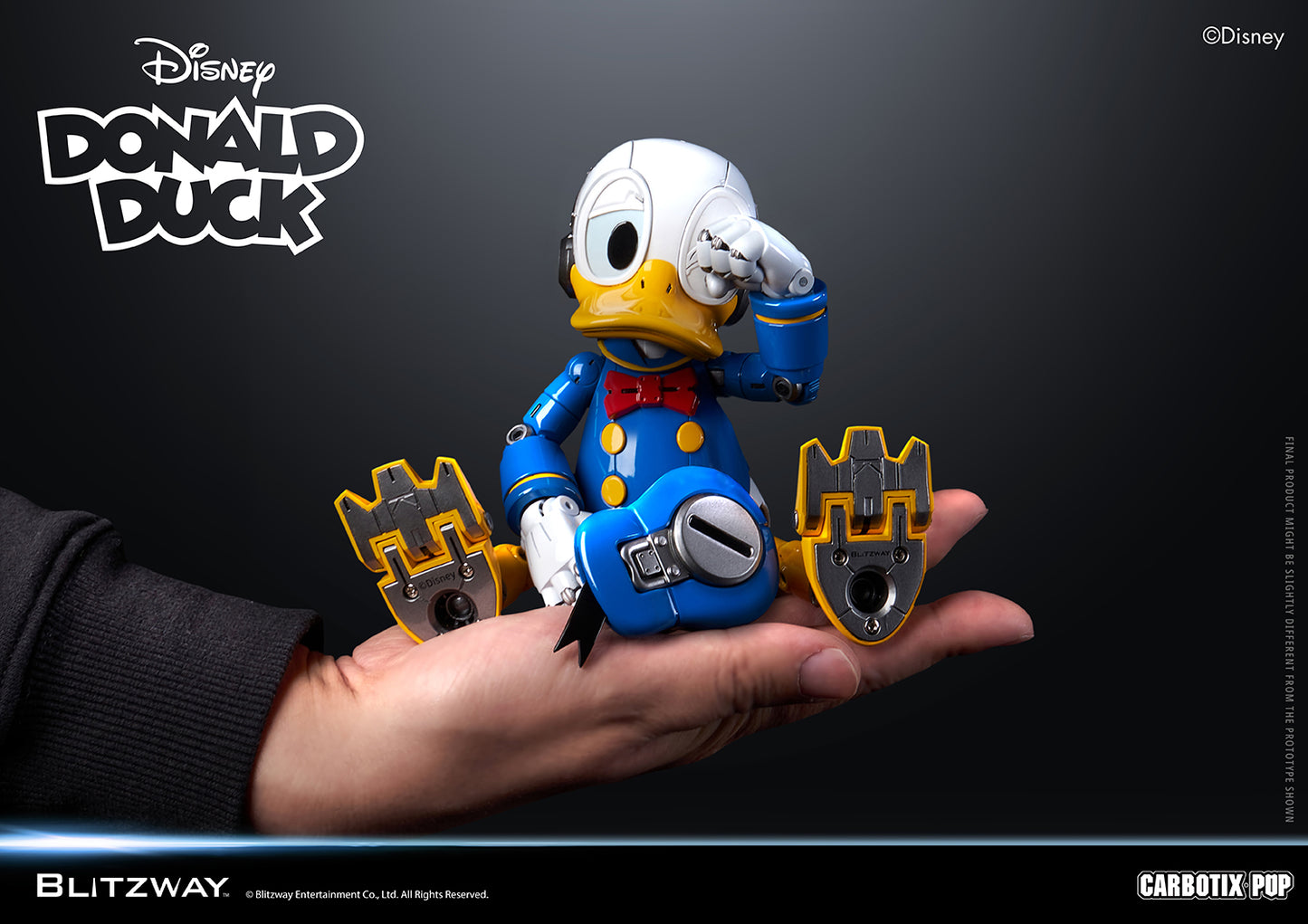 Blitzway Carbotix Pup Disney Donald Duck articulated action figure sitting on a human hand, showing the compact collectible size with detailed yellow foot undersides and joint mechanics against a dark background
