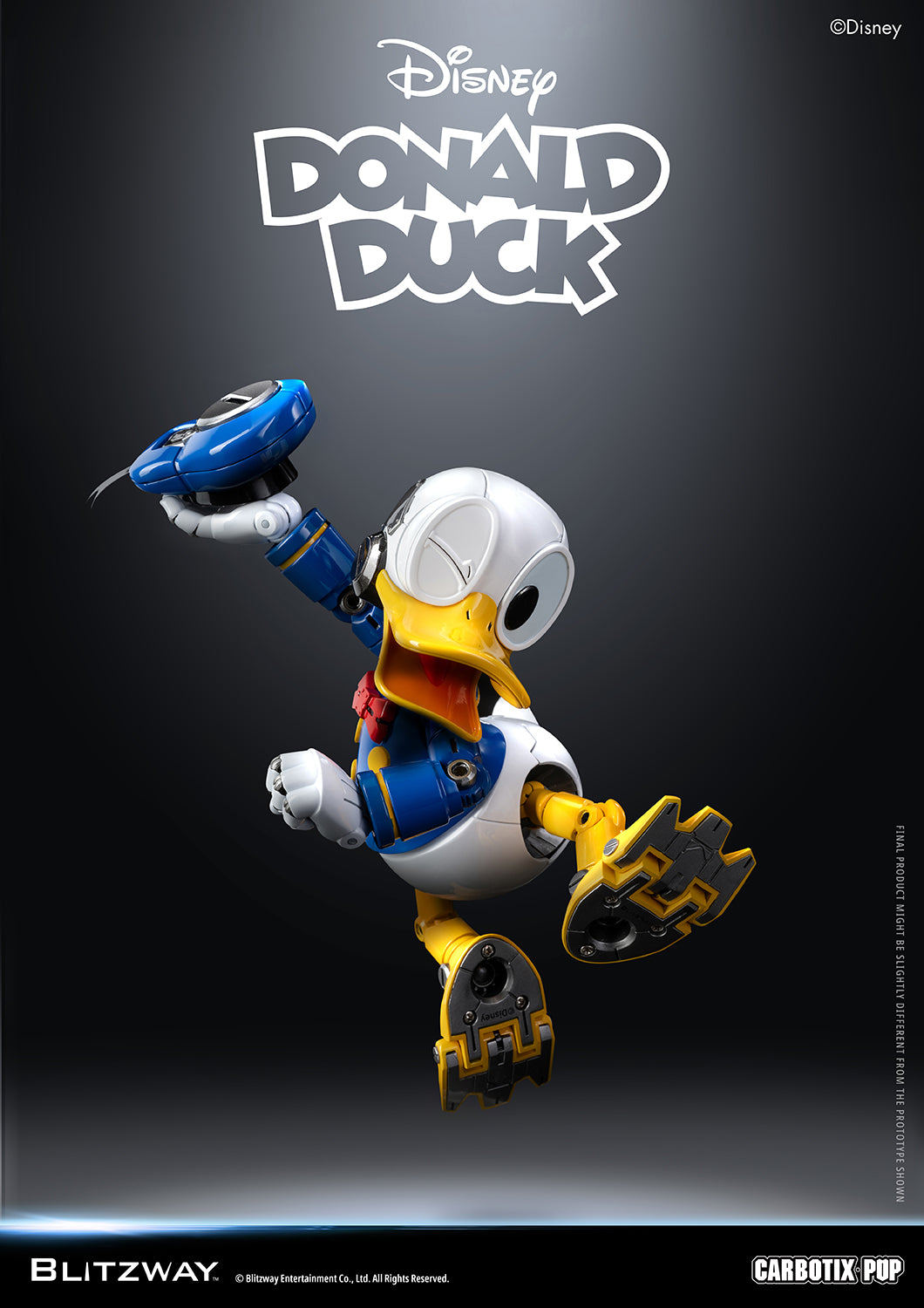 Blitzway Carbotix Pup Disney Donald Duck articulated action figure in a mid-air pose throwing his blue sailor hat, showcasing highly poseable joint mechanics on arms and yellow feet against a dark background