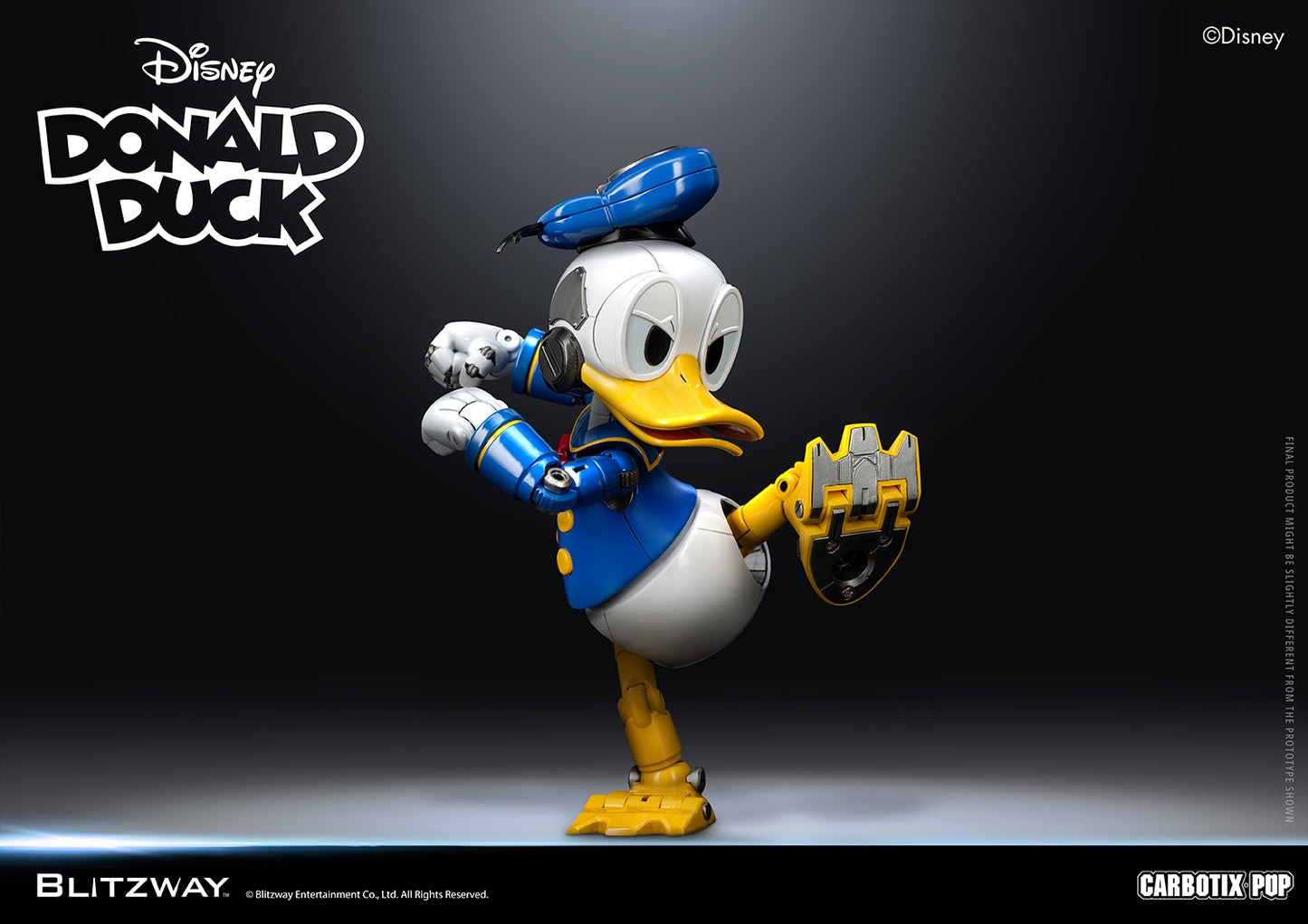 Blitzway Carbotix Pup Disney Donald Duck articulated action figure in a kicking pose with one leg raised and fist clenched, displaying detailed joint mechanics on blue sailor jacket and yellow feet against a dark background