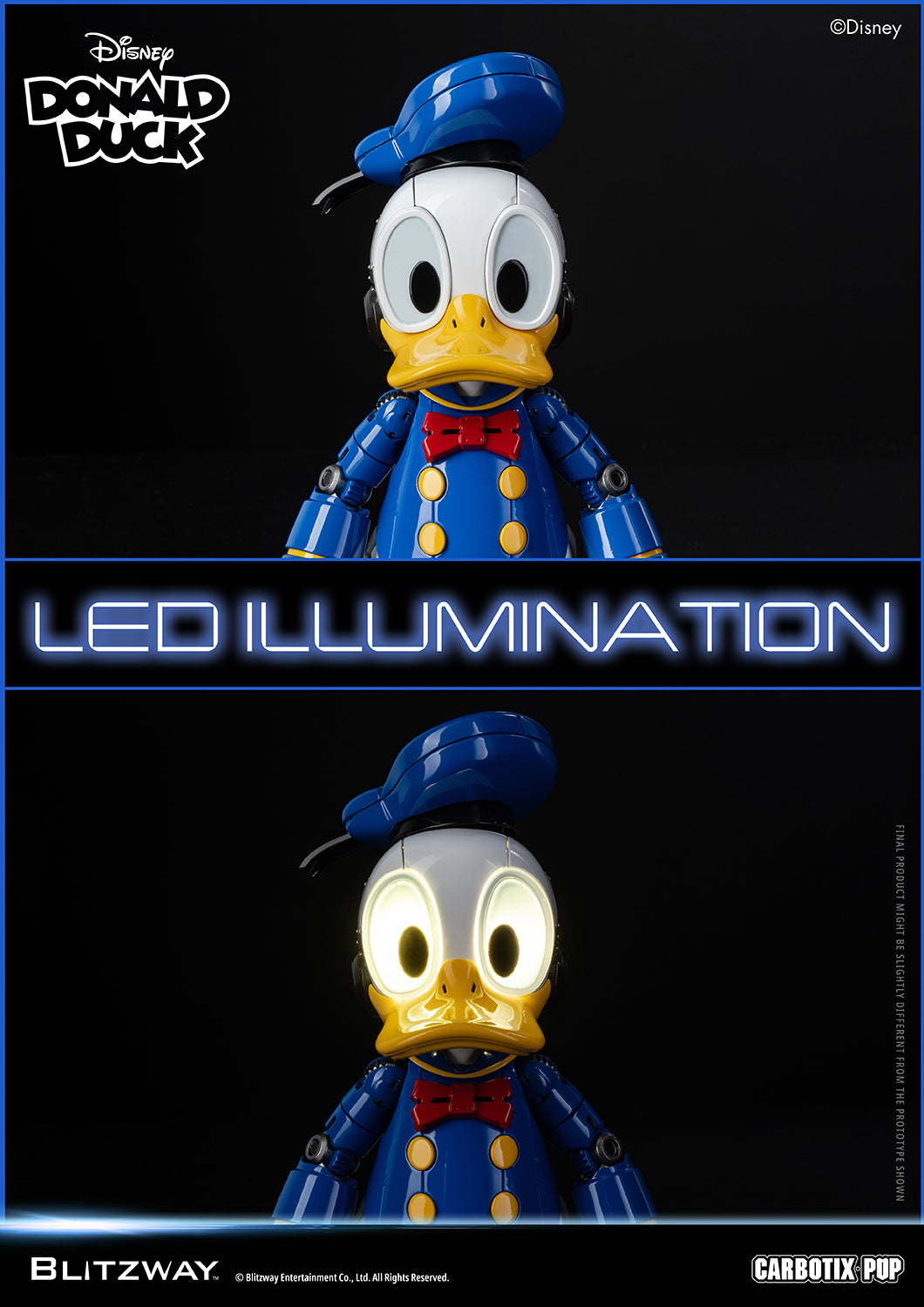 Blitzway Carbotix Pup Disney Donald Duck articulated action figure comparison showing LED illumination feature off and on, with warm glowing light inside the eyes against a dark background