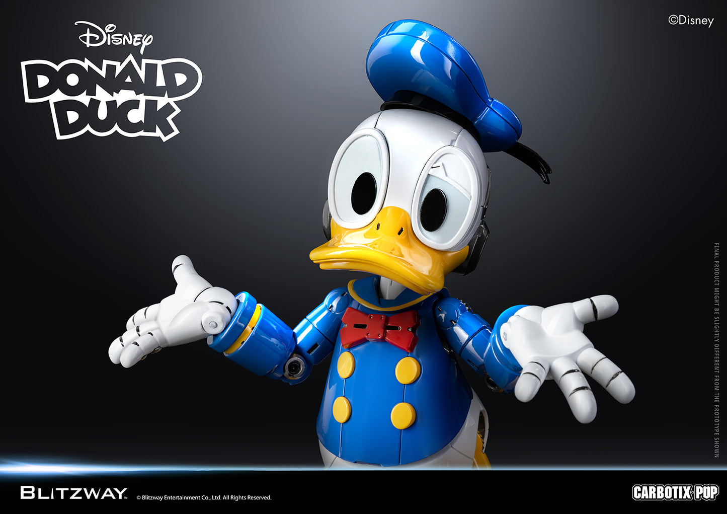 Blitzway Carbotix Pup Disney Donald Duck action figure close-up in a shrugging pose with both hands open, showcasing detailed blue sailor jacket, red bow tie, yellow buttons, and articulated white gloves against a dark background