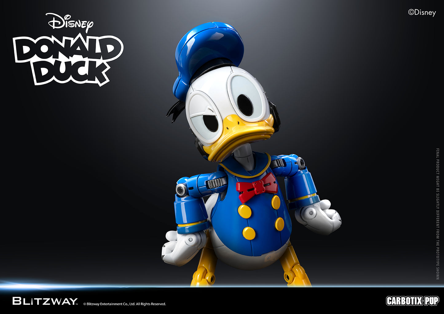Blitzway Carbotix Pup Disney Donald Duck articulated action figure in a sulking pose with head tilted down, showcasing detailed blue sailor jacket, red bow tie, yellow buttons, and joint mechanics against a dark background