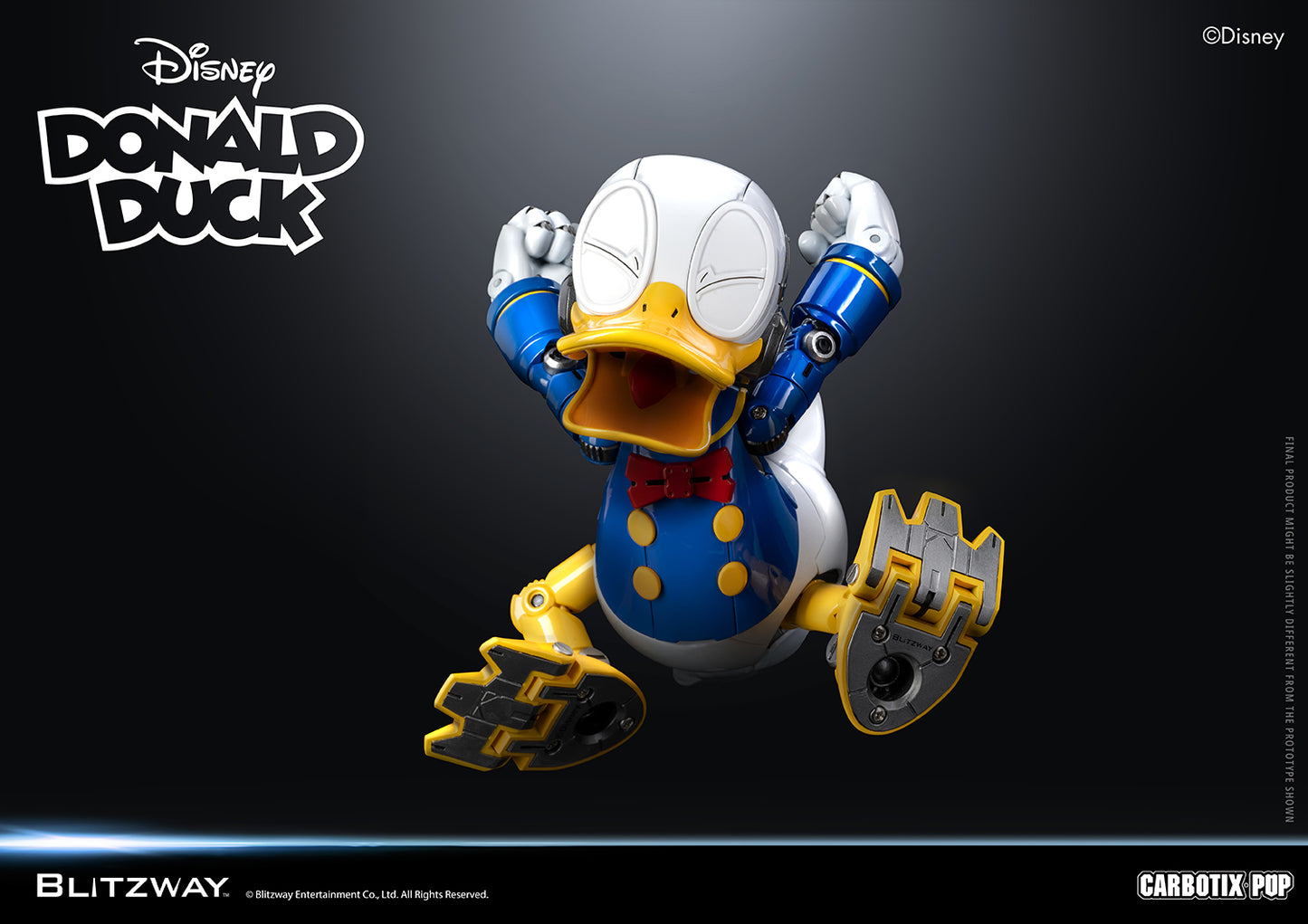 Blitzway Carbotix Pup Disney Donald Duck articulated action figure in a mid-air tantrum pose with both fists raised and beak wide open, showcasing detailed foot joint mechanics against a dark background