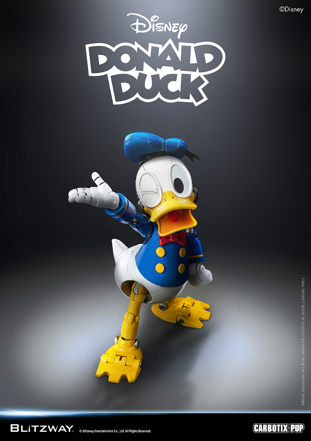 Blitzway Carbotix Pup Disney Donald Duck articulated action figure in a winking pose with one hand raised and beak open, displaying detailed blue sailor jacket, red bow tie, and yellow feet joint mechanics against a dark background