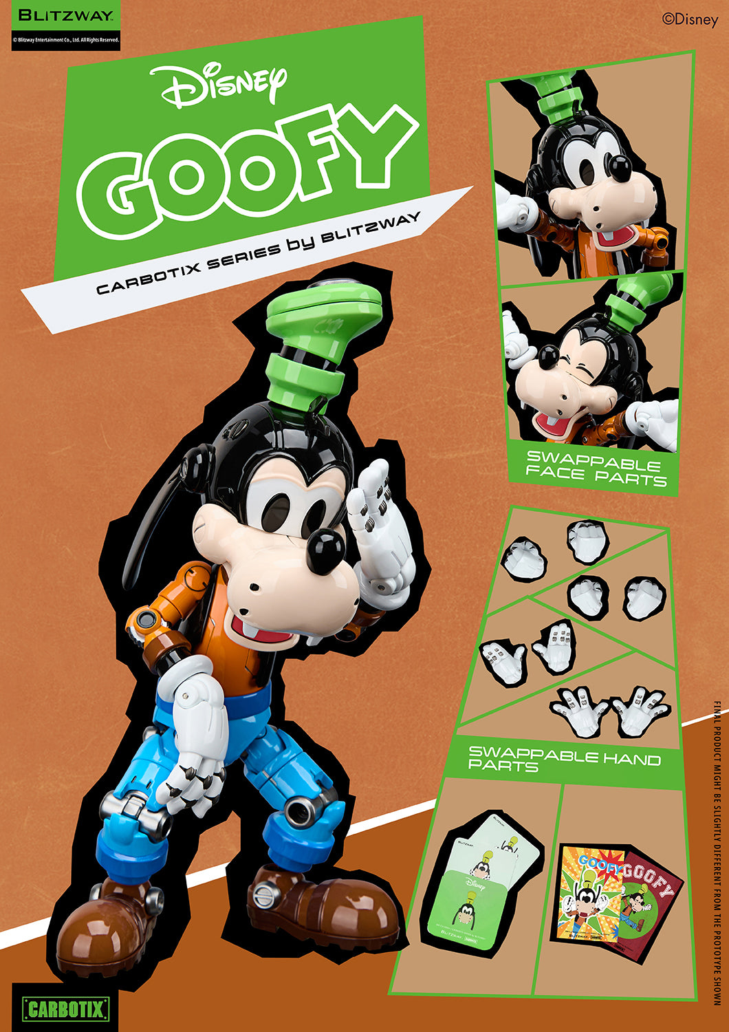 Blitzway Carbotix Disney Goofy action figure accessories overview showing swappable face parts, interchangeable hand parts in multiple poses, and included collector cards on an orange background