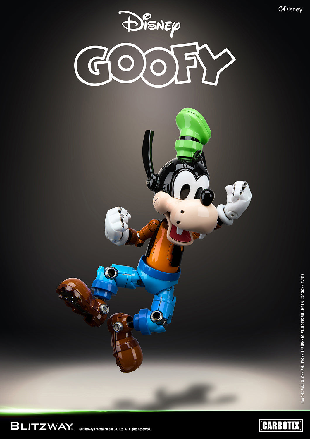 Blitzway Carbotix Disney Goofy articulated action figure in a mid-air falling pose with arms and legs spread, showcasing highly poseable joint mechanics on blue pants and brown shoes against a dark background