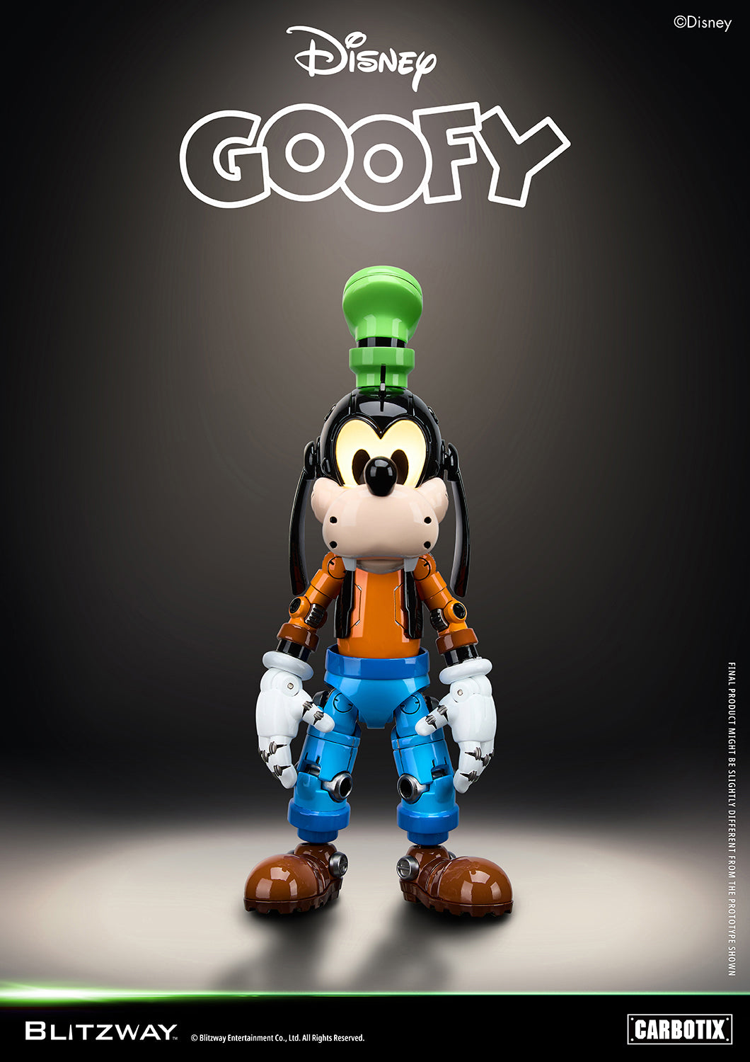 Blitzway Carbotix Disney Goofy articulated action figure in a front-facing standing pose, showcasing full-body joint details on green hat, orange shirt, blue pants, and brown shoes against a dark studio background