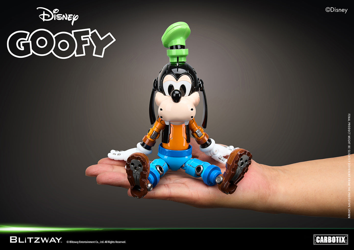 Blitzway Carbotix Disney Goofy articulated action figure sitting on a human hand, showing the compact collectible size with detailed brown shoe undersides and joint mechanics against a dark background