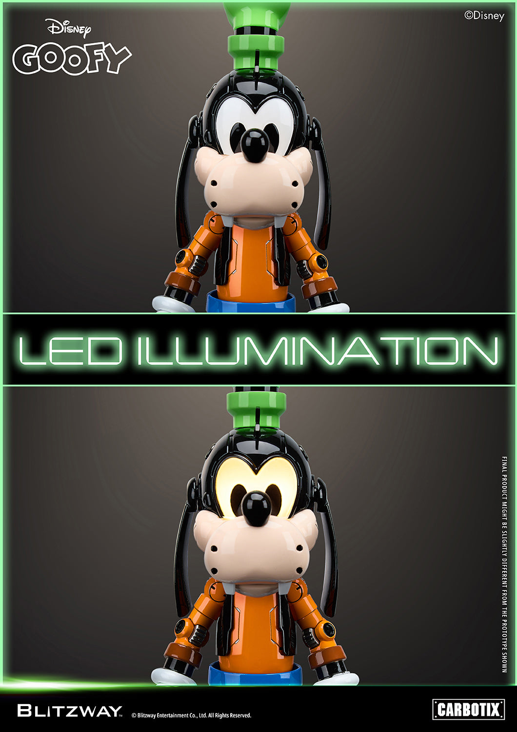 Blitzway Carbotix Disney Goofy articulated action figure comparison showing LED illumination feature off and on, with warm glowing light inside the face against a dark background