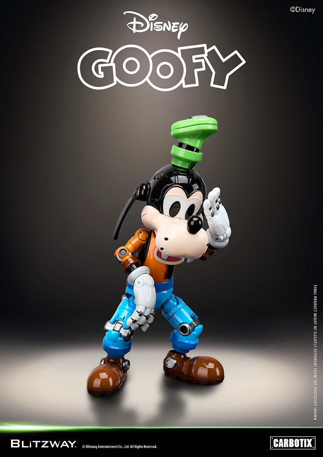 Blitzway Carbotix Disney Goofy articulated action figure in a pointing upward pose with one finger raised and smiling, displaying detailed joint mechanics on orange shirt, blue pants, and brown shoes against a dark background