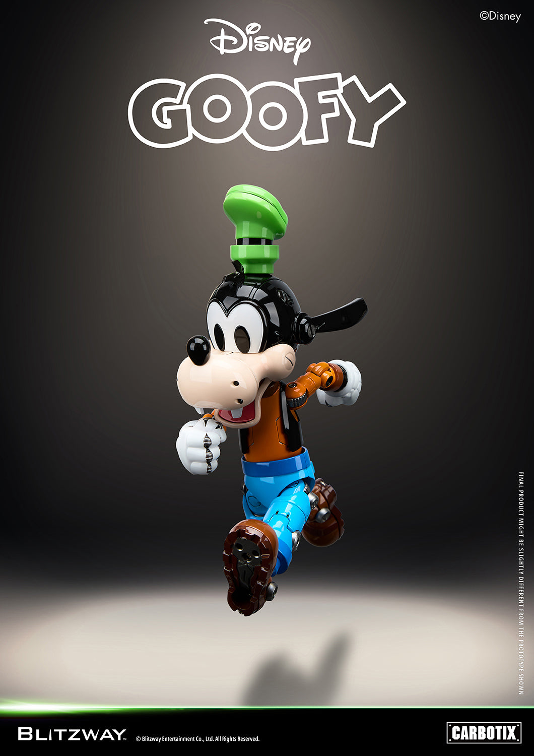 Blitzway Carbotix Disney Goofy articulated action figure in a mid-air running pose with legs tucked, showcasing detailed joint mechanics on blue pants and brown shoes against a dark background