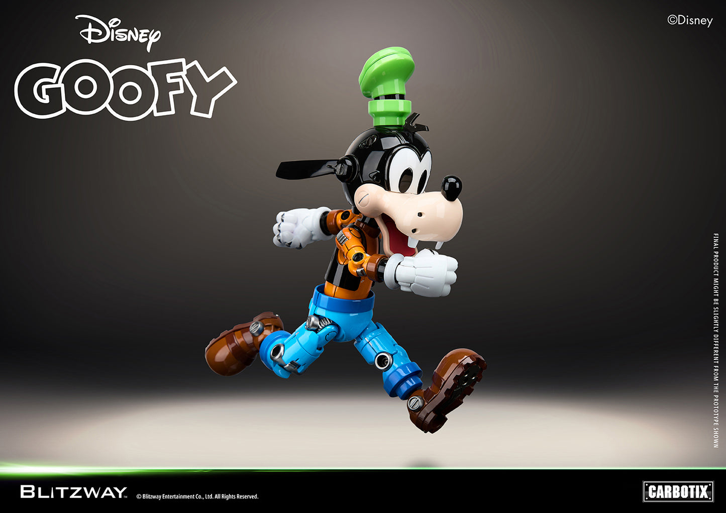 Blitzway Carbotix Disney Goofy articulated action figure in a mid-air sprinting pose with legs fully extended, highlighting flexible joint articulation on blue pants and brown shoes against a dark background