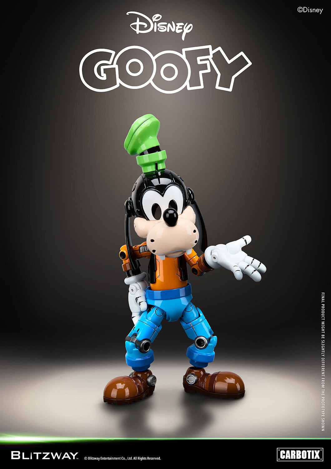 Blitzway Carbotix Disney Goofy articulated action figure in a standing pose with green hat, orange shirt, blue pants, and brown shoes, displaying full-body joint details against a dark studio background