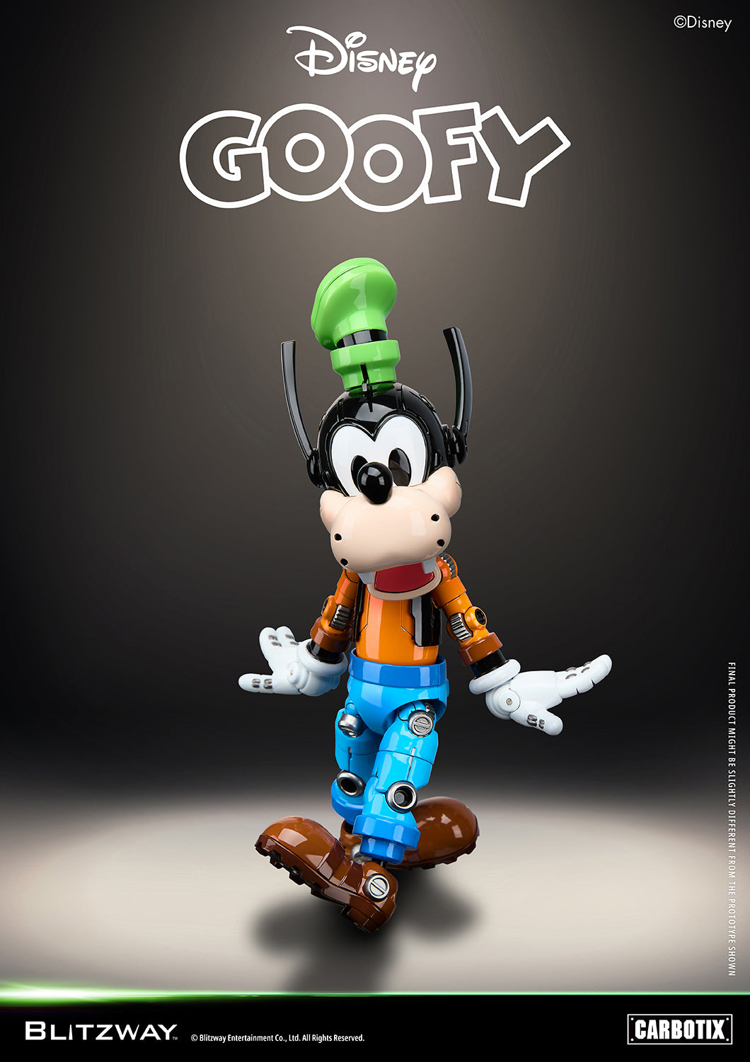 Blitzway Carbotix Disney Goofy articulated action figure in a walking pose with green hat, orange shirt, blue pants, and brown shoes, displaying full-body joint details against a dark studio background