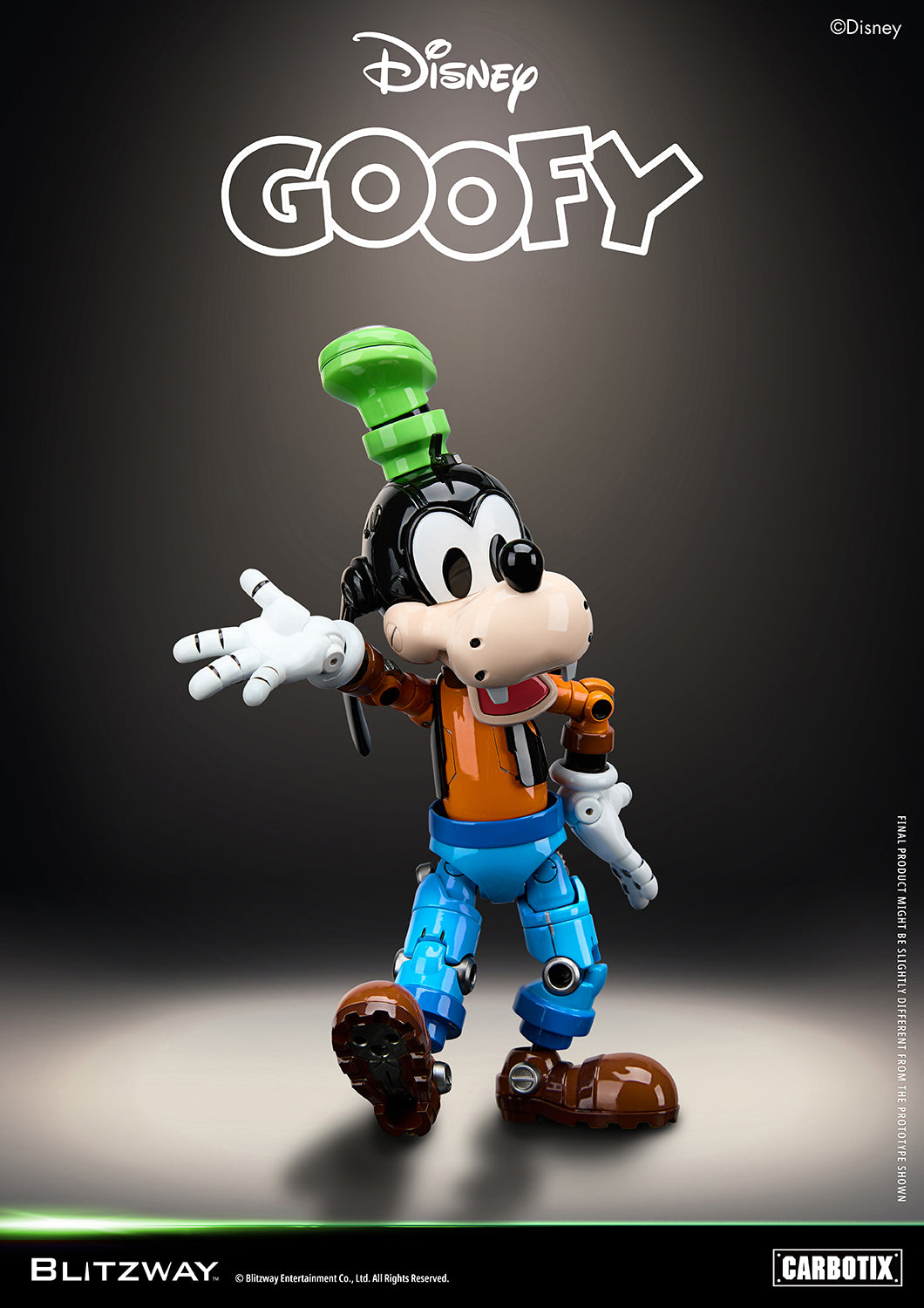 Blitzway Carbotix Disney Goofy articulated action figure in a waving pose with one hand raised and head tilted back, showcasing detailed joint mechanics on blue pants and brown shoes against a dark background