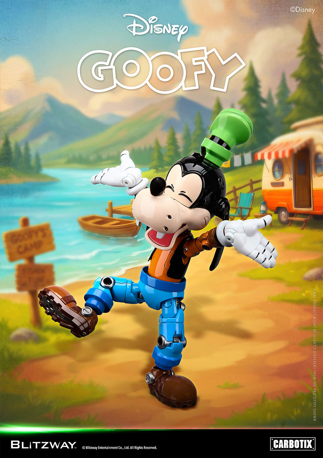 Blitzway Carbotix Disney Goofy articulated action figure with green hat, orange shirt, blue pants, and brown shoes in a clumsy stumbling pose, displayed against a colorful cartoon camping lakeside background