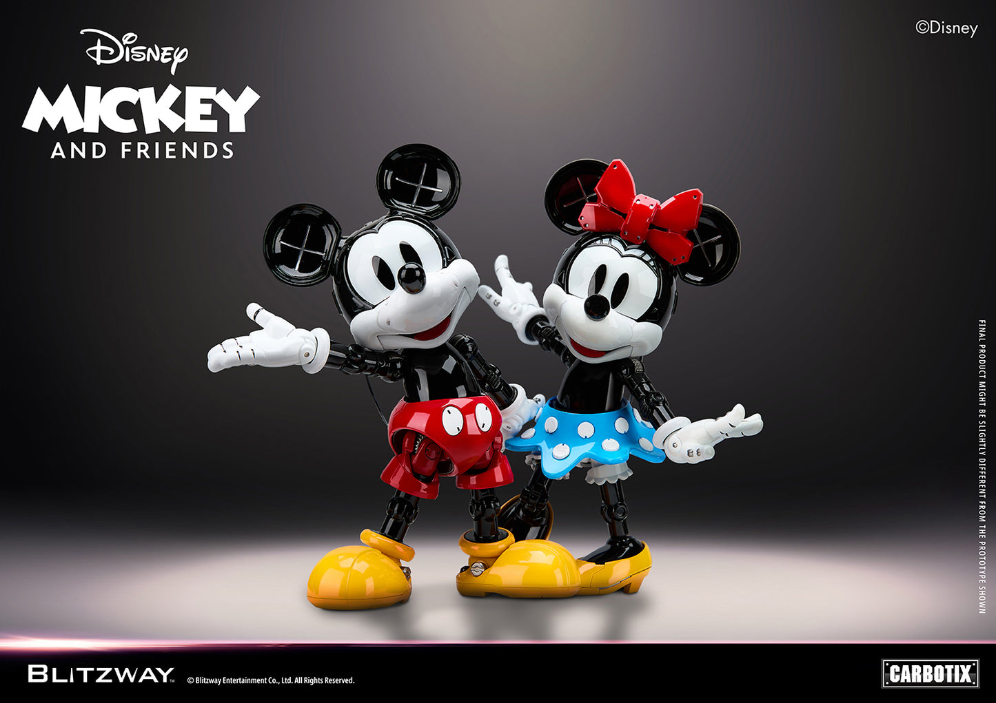 Blitzway Carbotix Disney Mickey and Minnie Mouse articulated action figure set displayed together, showcasing detailed joint mechanics and classic character colors against a dark studio background