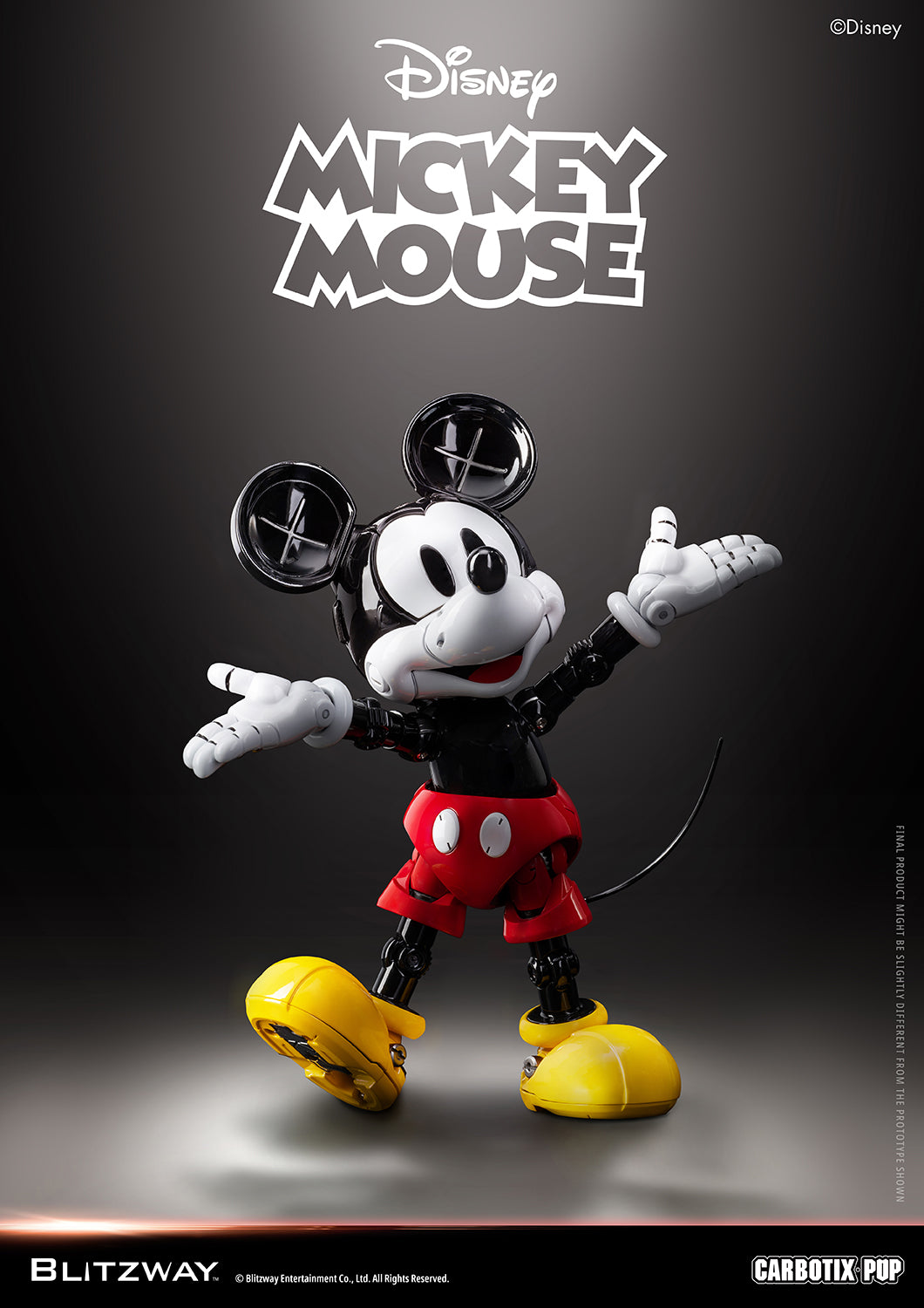 Blitzway Carbotix Pup Disney Mickey Mouse articulated action figure with black body, red shorts, white gloves, and yellow shoes, displayed against a dark studio background
