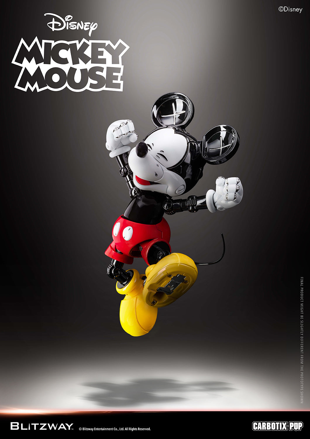 Blitzway Carbotix Pup Disney Mickey Mouse articulated action figure in a mid-air flying pose with fists raised, showcasing highly poseable joints and yellow shoe details against a dark background