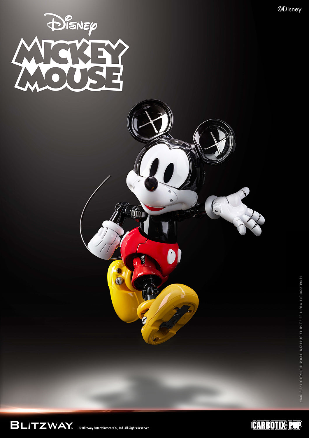 Blitzway Carbotix Pup Disney Mickey Mouse articulated action figure in a mid-air jumping pose, highlighting flexible joint articulation on arms and legs against a dark background