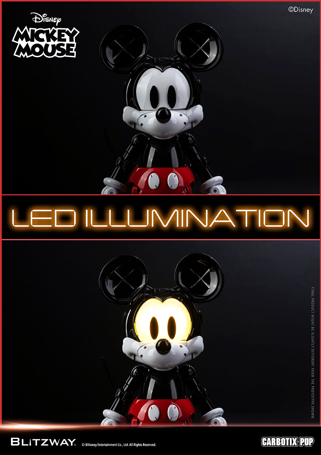 Blitzway Carbotix Pup Disney Mickey Mouse articulated action figure comparison showing LED illumination feature off and on, with warm glowing light inside the face against a dark background