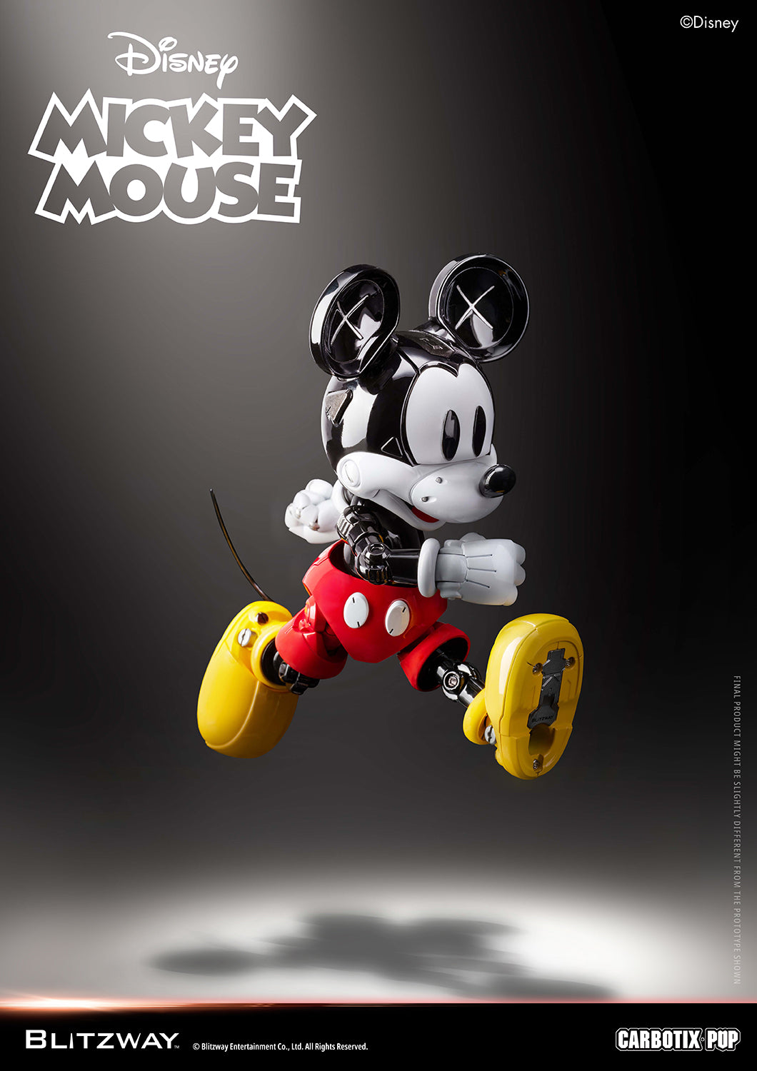 Blitzway Carbotix Pup Disney Mickey Mouse articulated action figure in a mid-air running pose, showcasing articulated yellow shoes and leg joint mechanics against a dark background