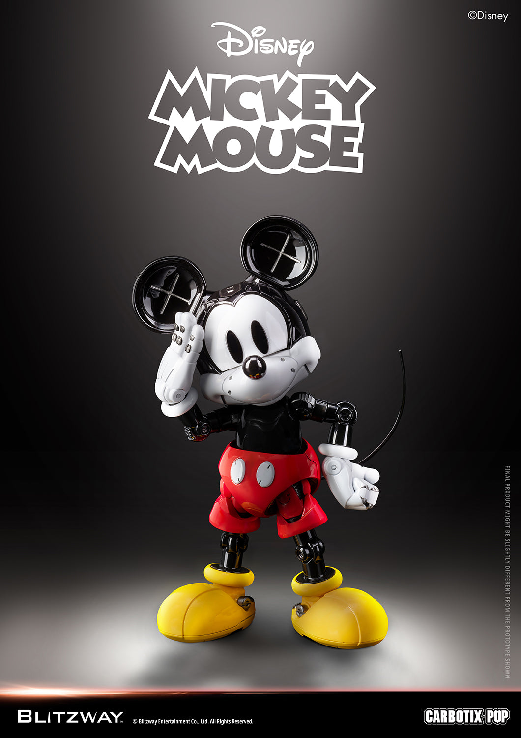 Blitzway Carbotix Pup Disney Mickey Mouse articulated action figure in a thinking pose with one hand raised to the head, showcasing full-body joint details against a dark background