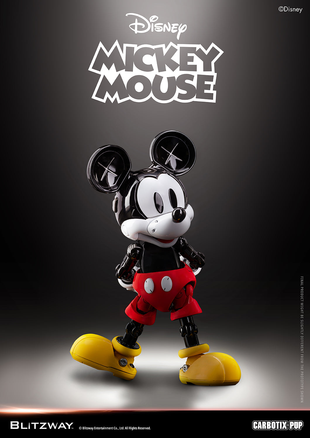 Blitzway Carbotix Pup Disney Mickey Mouse articulated action figure in a walking pose with arms crossed, displaying full-body joint details and yellow shoes against a dark background