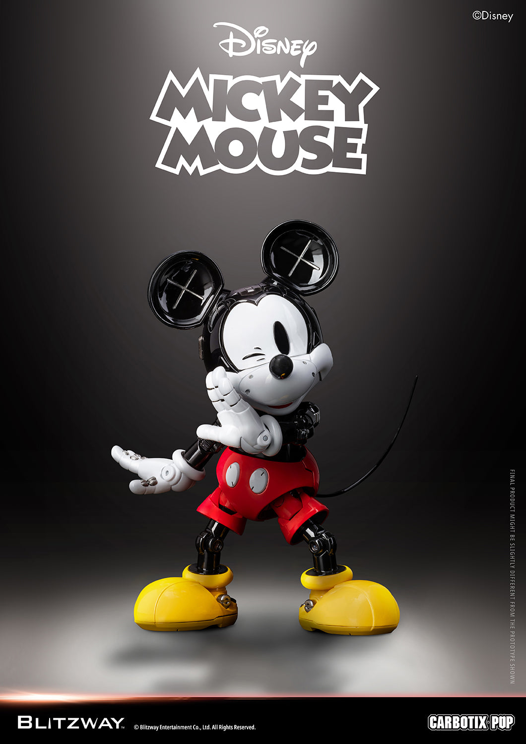 Blitzway Carbotix Pup Disney Mickey Mouse articulated action figure in a winking pose with one hand raised to the cheek, displaying detailed joint articulation against a dark background