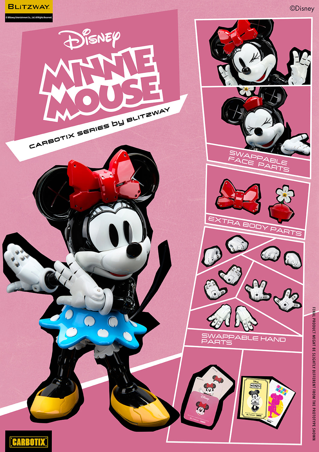 Blitzway Carbotix Disney Minnie Mouse action figure accessories overview showing swappable face parts, extra body parts including red bow and daisy hat, interchangeable hand parts, and included collector cards on a pink background