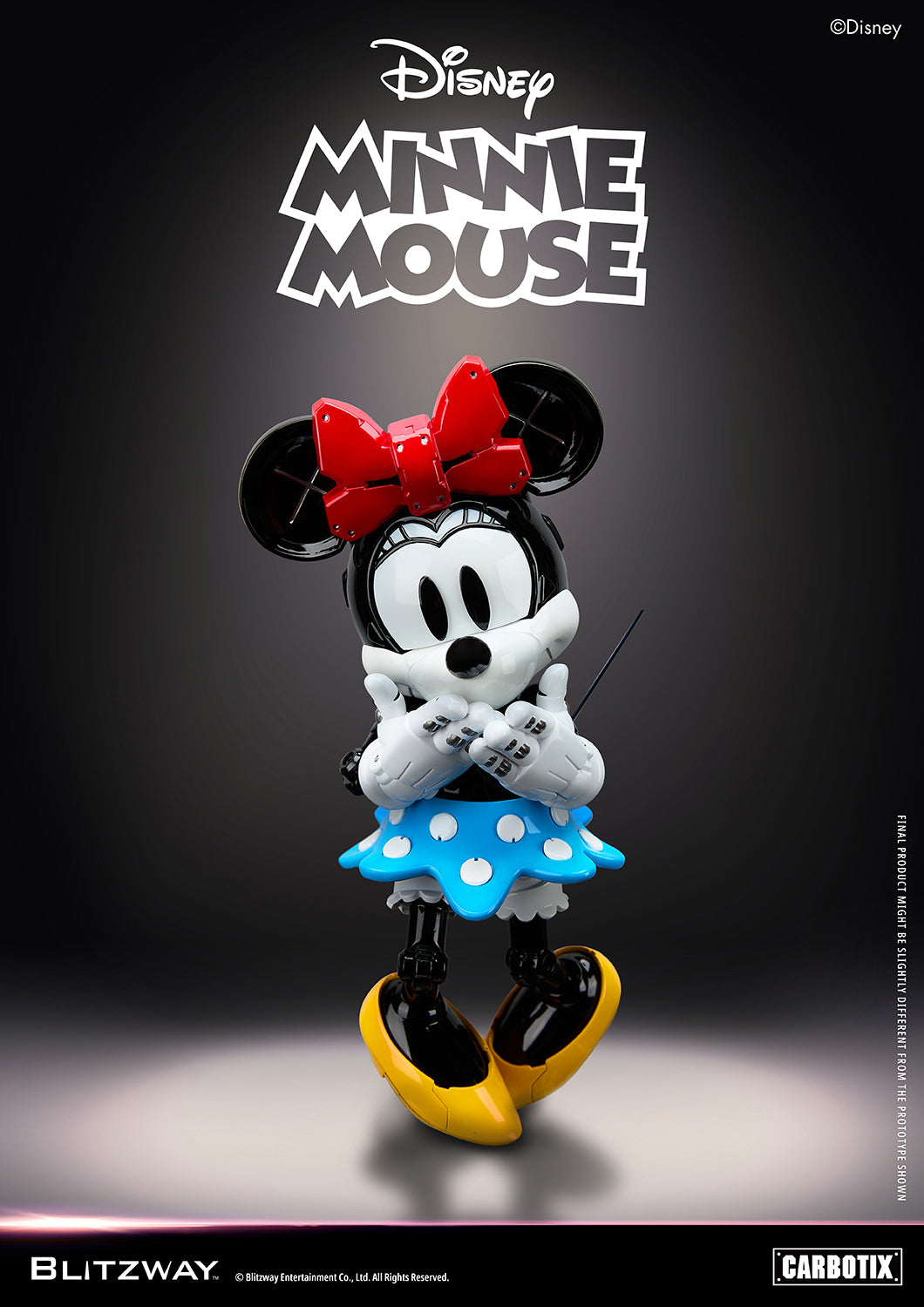 Blitzway Carbotix Disney Minnie Mouse articulated action figure in an arms-crossed pose with red bow, blue polka-dot skirt, and yellow shoes, displayed against a dark studio background