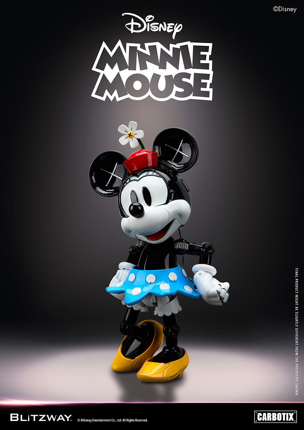 Blitzway Carbotix Disney Minnie Mouse articulated action figure with swappable red hat and daisy flower, blue polka-dot skirt, and yellow heels, smiling against a dark studio background