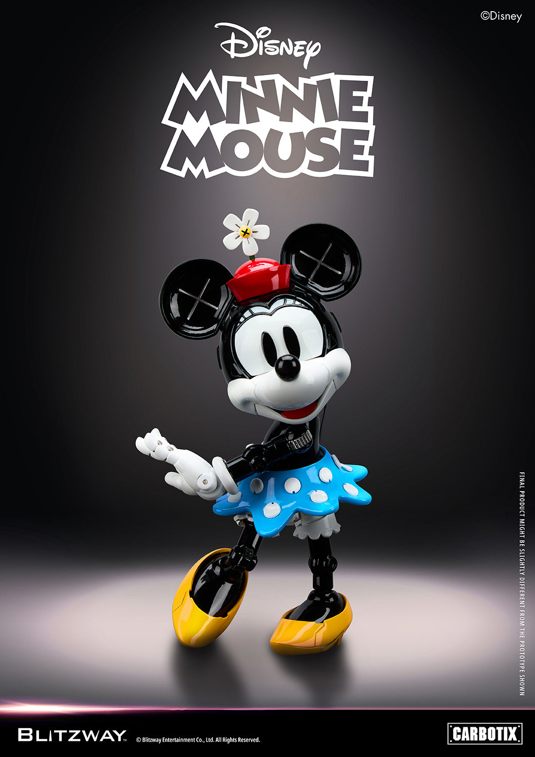 Blitzway Carbotix Disney Minnie Mouse articulated action figure in a walking pose with red hat, daisy flower, blue polka-dot skirt, and yellow shoes, displayed against a dark studio background