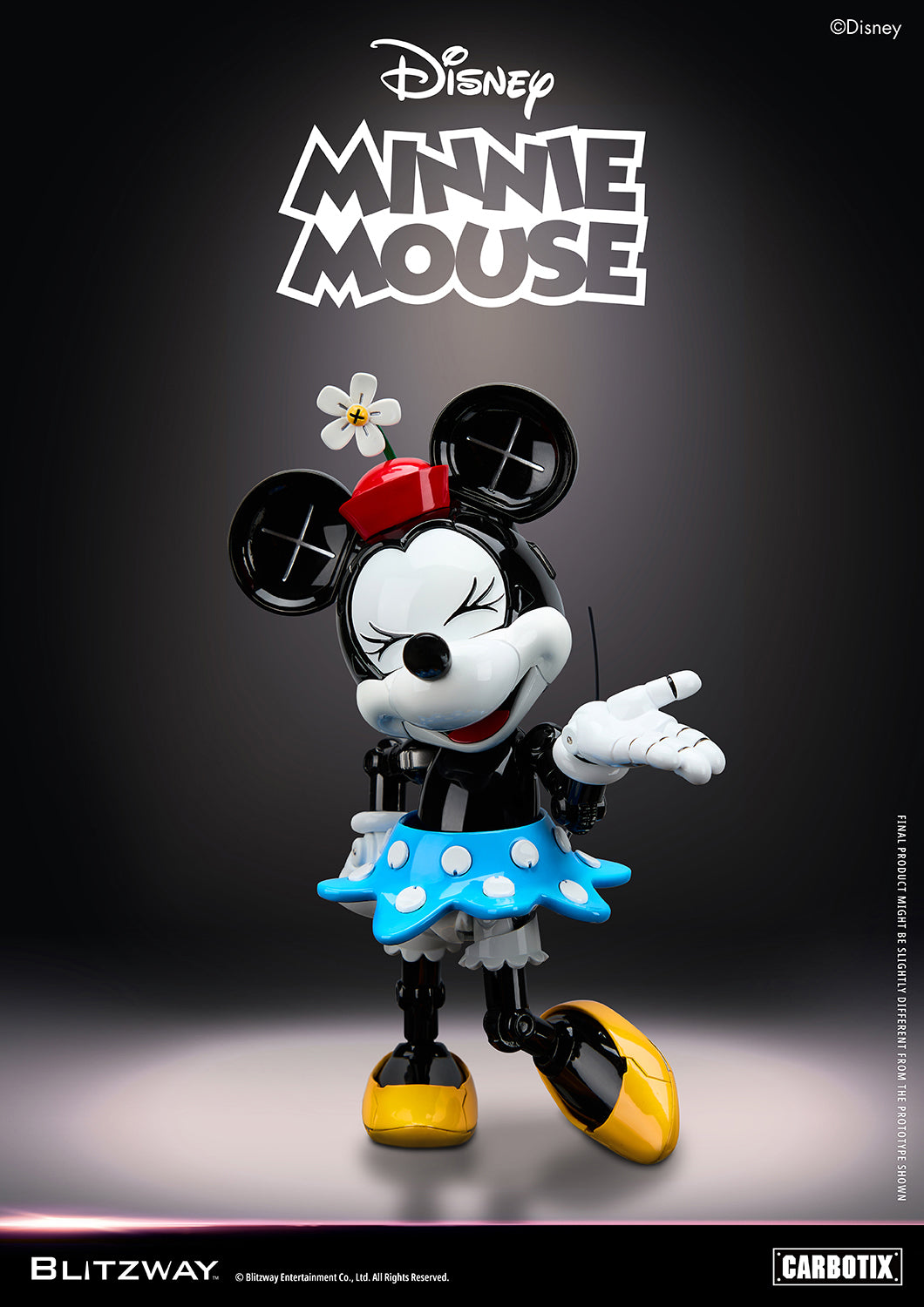 Blitzway Carbotix Disney Minnie Mouse articulated action figure with swappable red hat and daisy flower accessory, blue polka-dot skirt, and yellow shoes, against a dark studio background