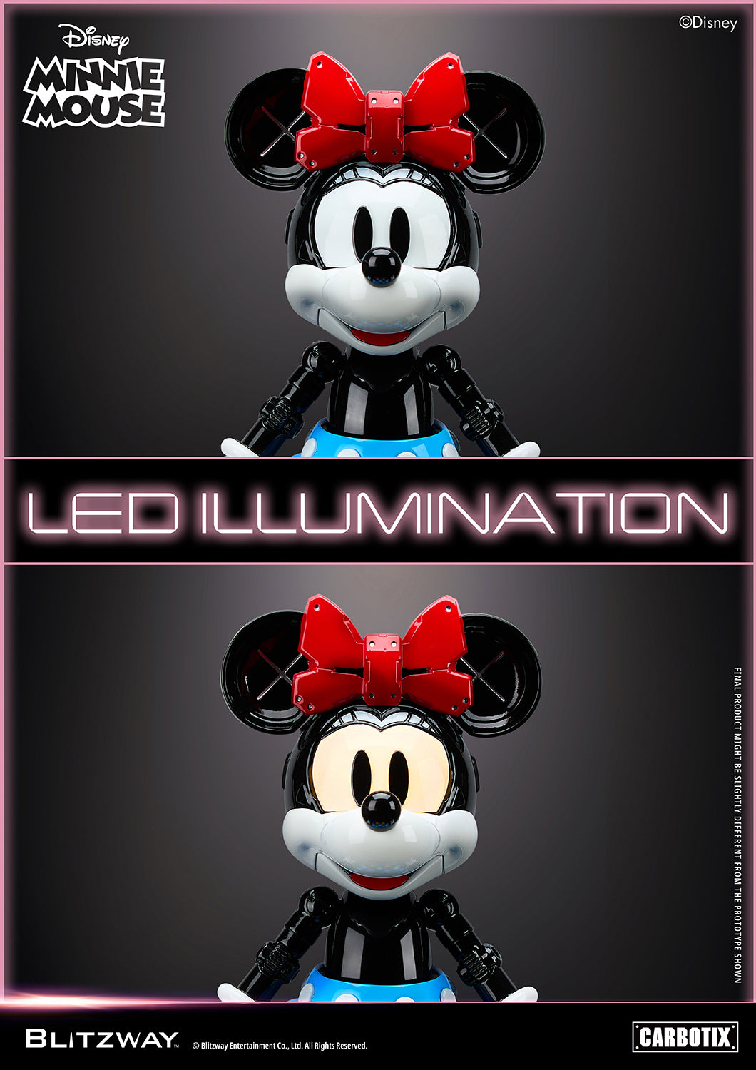 Blitzway Carbotix Disney Minnie Mouse articulated action figure comparison showing LED illumination feature off and on, with warm glowing light inside the face and red bow against a dark background