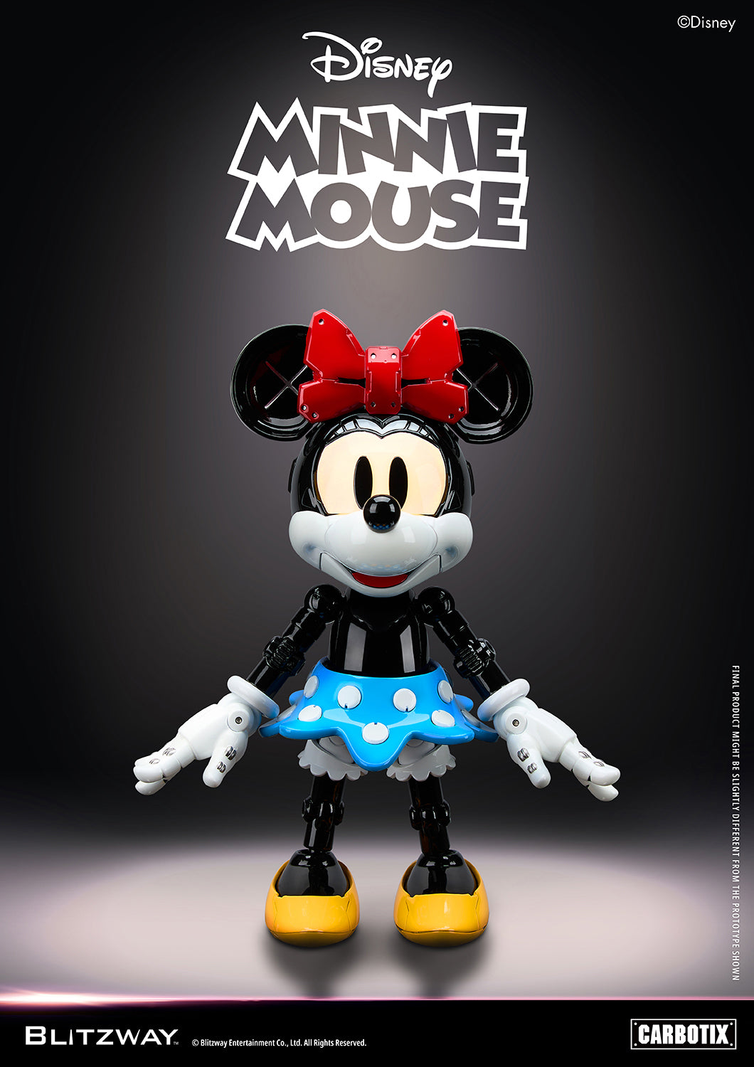 Blitzway Carbotix Disney Minnie Mouse articulated action figure with LED illuminated face, red bow, blue polka-dot skirt, and yellow shoes, displayed in a front-facing pose against a dark studio background