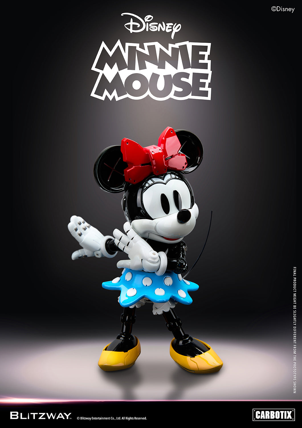 Blitzway Carbotix Disney Minnie Mouse articulated action figure in a pointing pose with red bow, blue polka-dot skirt, and yellow shoes, displayed against a dark studio background
