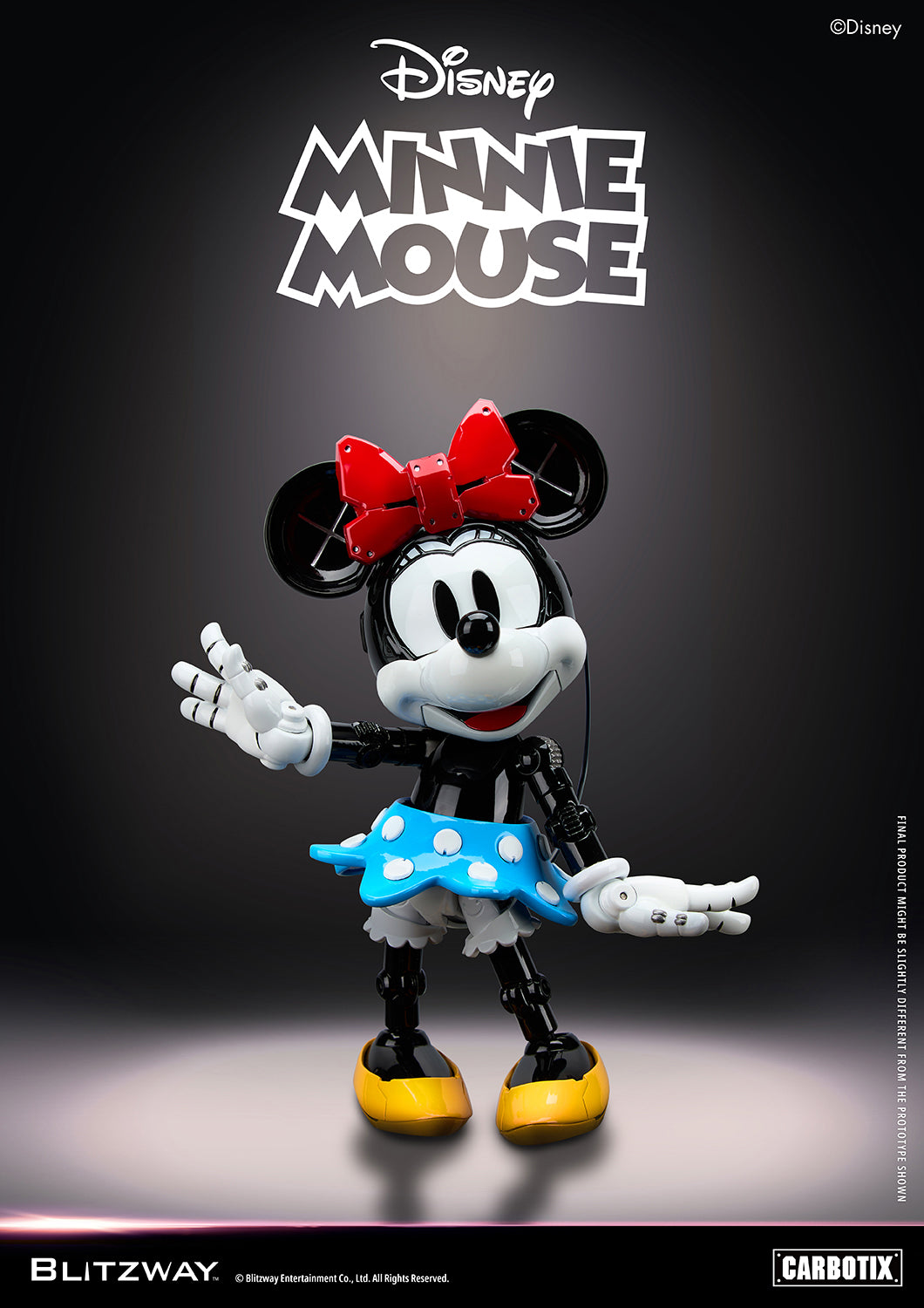 Blitzway Carbotix Disney Minnie Mouse articulated action figure in a waving pose with red bow, blue polka-dot skirt, and yellow shoes, displayed against a dark studio background
