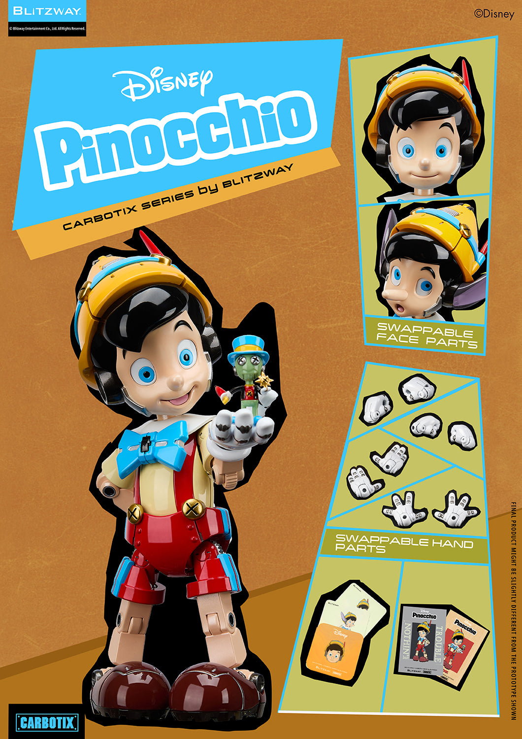 Blitzway Carbotix Disney Pinocchio action figure accessories overview showing swappable face parts, interchangeable hand parts in multiple poses, Jiminy Cricket mini figure, and included collector cards on a brown background