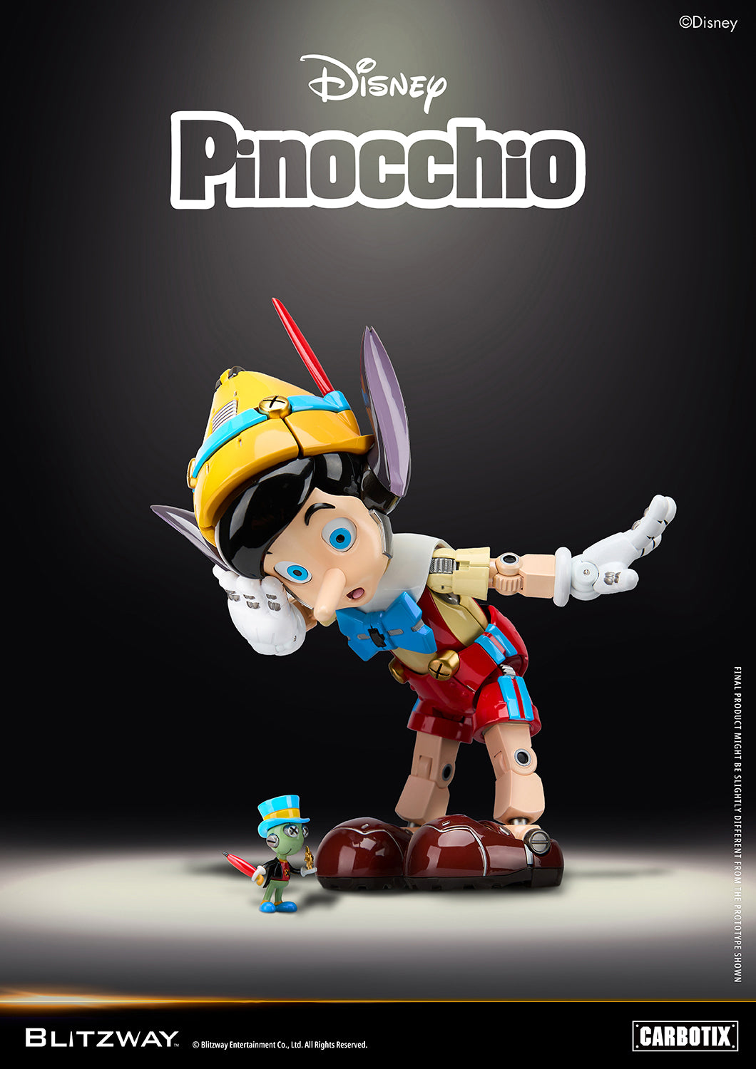 Blitzway Carbotix Disney Pinocchio articulated action figure bowing down toward a miniature Jiminy Cricket figure on the ground, showcasing donkey ear parts and full-body joint details against a dark studio background
