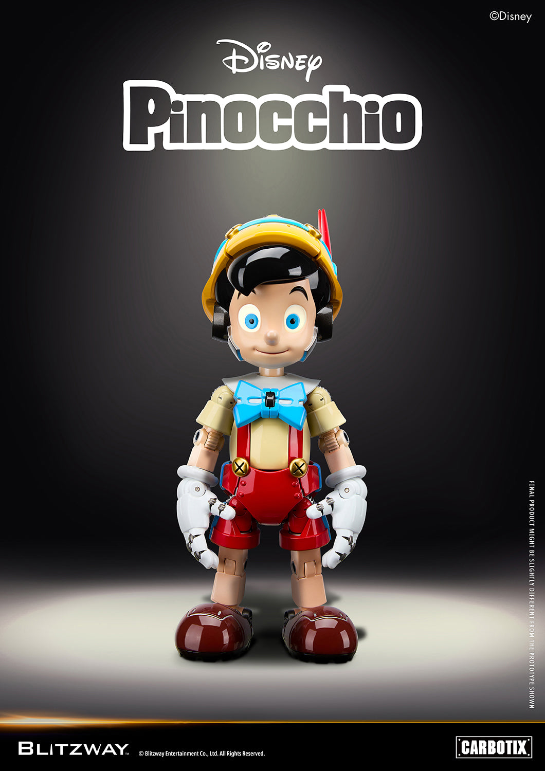 Blitzway Carbotix Disney Pinocchio articulated action figure in a front-facing standing pose, showcasing full-body joint details on yellow hat, blue bow tie, red shorts with gold bells, and dark brown shoes against a dark studio background