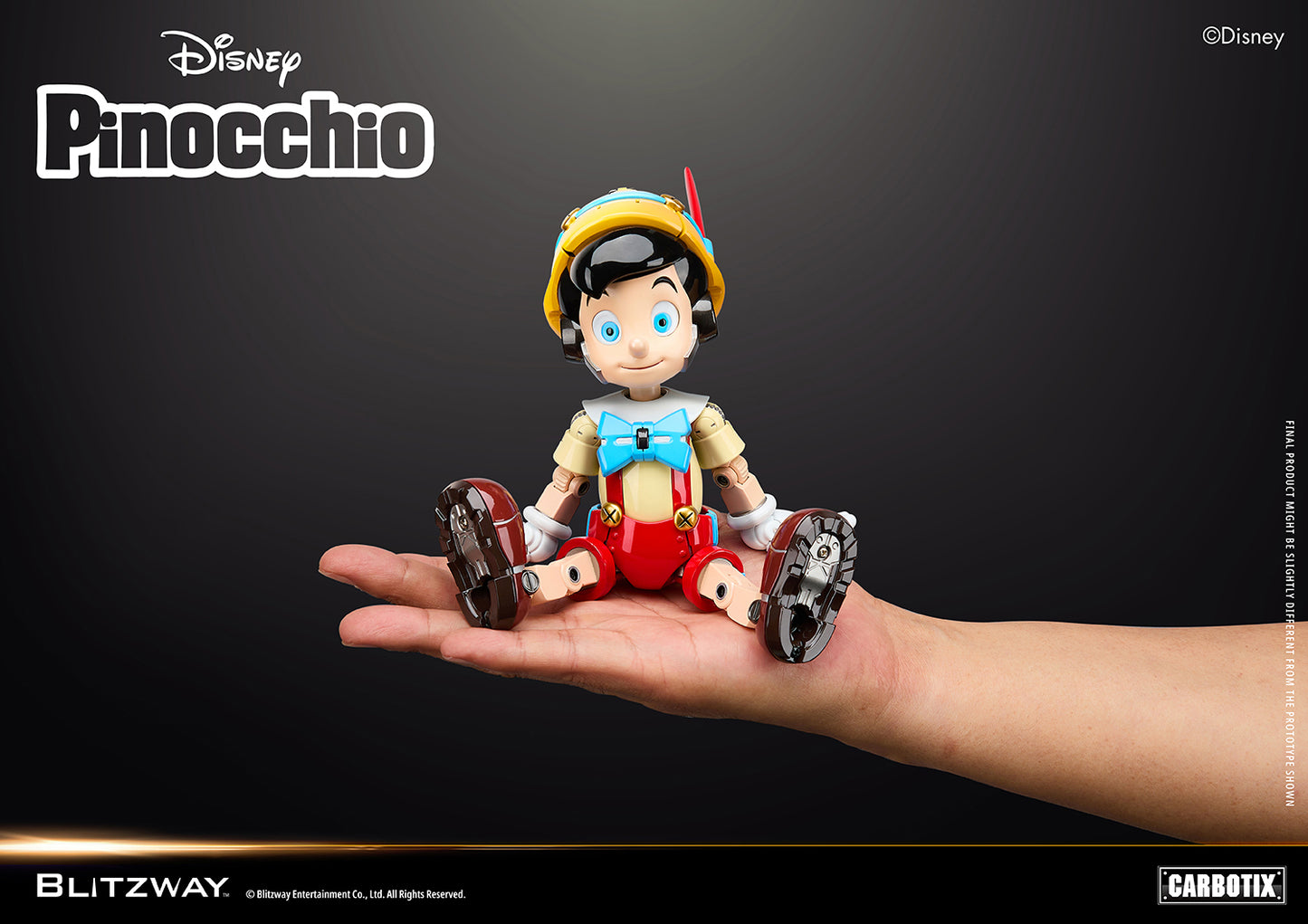Blitzway Carbotix Disney Pinocchio articulated action figure sitting on a human hand, showing the compact collectible size with detailed dark brown shoe undersides and joint mechanics against a dark background