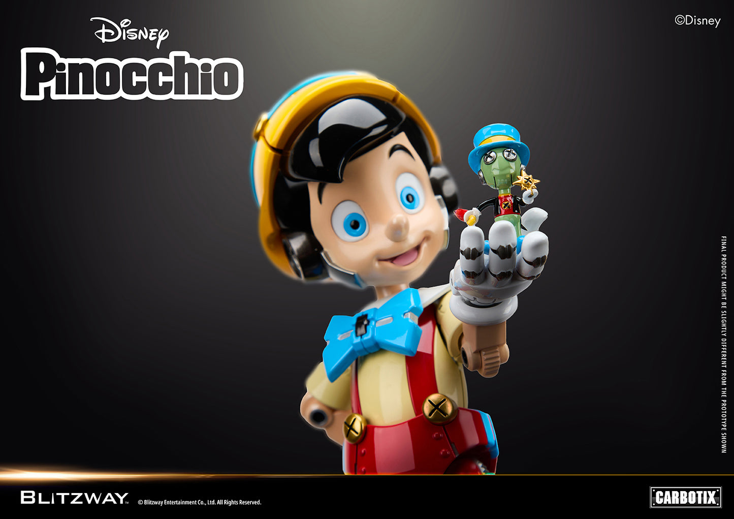 Blitzway Carbotix Disney Pinocchio articulated action figure close-up holding a miniature Jiminy Cricket figure on an outstretched hand, showcasing detailed face sculpt and blue bow tie against a dark background