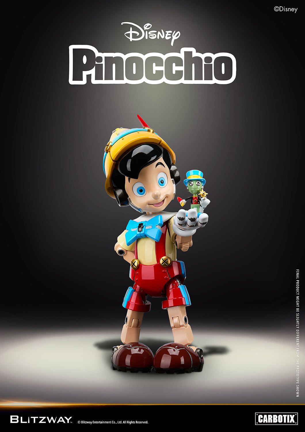 Blitzway Carbotix Disney Pinocchio articulated action figure holding a miniature Jiminy Cricket figure, displaying detailed yellow hat, blue bow tie, and red shorts with gold bells against a dark studio background