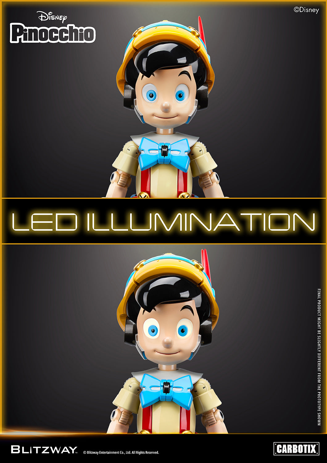 Blitzway Carbotix Disney Pinocchio articulated action figure comparison showing LED illumination feature off and on, with glowing blue eyes against a dark background